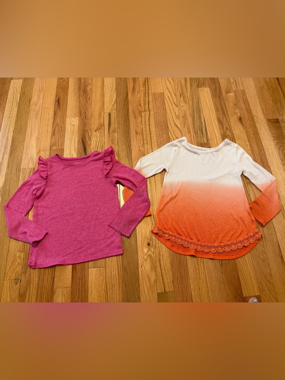 Girls Long-Sleeve Ombre Orange top & Pink Top with shoulder ruffles